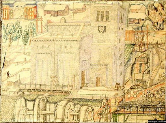 Эскиз к картине «Кондострой». 1929-1930 годы. Бумага, акварель. 34х50 см. М. Цыбасов